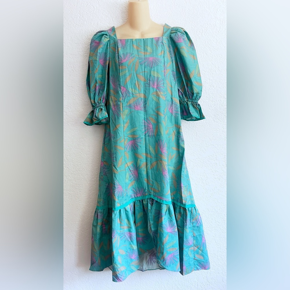 Vintage Hawaiian Mumu Uniform Floral Teal Purple Dress Sz 4 MEDIUM